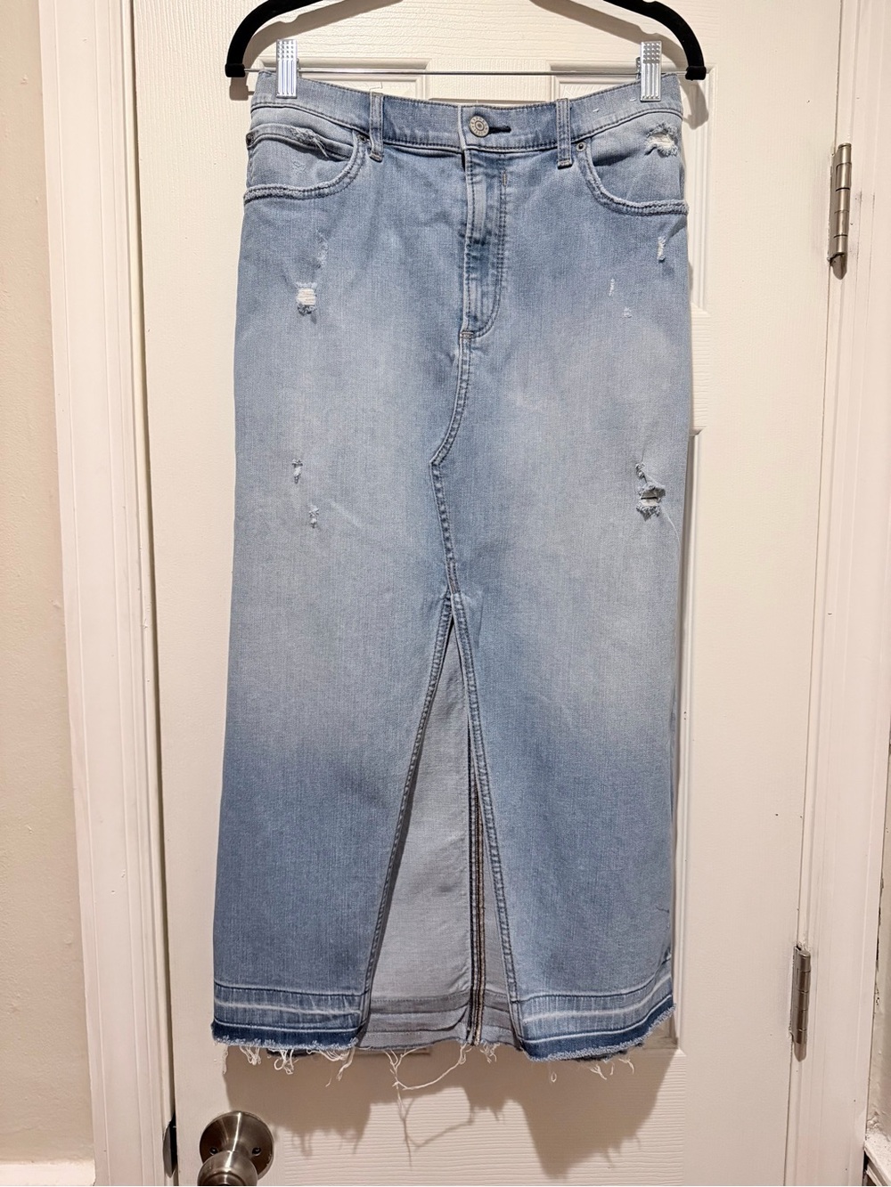 Express Light Blue Distressed Denim Maxi Skirt